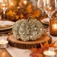 New DomeStar Artificial Glitter Pumpkin, Gold Faux Pumpkin Harvest Table Centerpiece for Fall, Halloween & Thanksgiving Decorations
