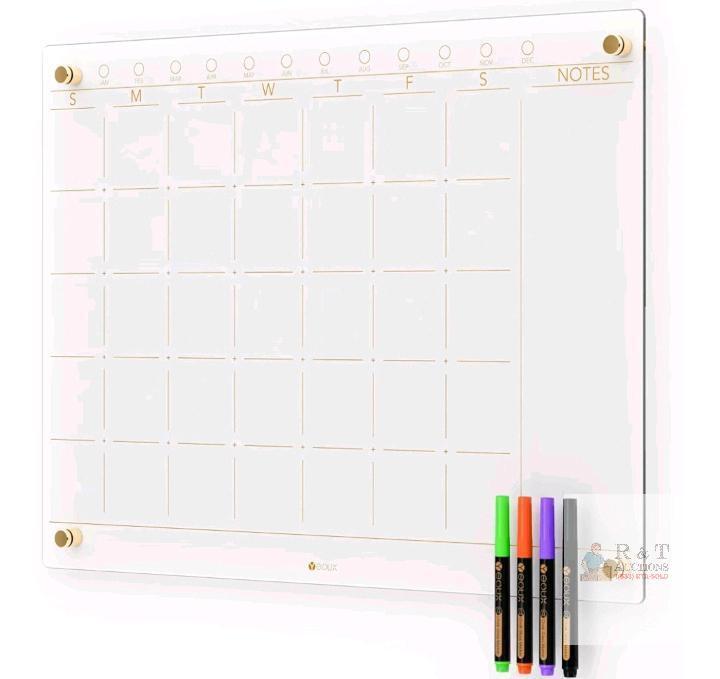 NEW Yeoux 17" x 23" Clear Glass Monthly Dry Erase Calendar Board with Markers and Mounting Hardware