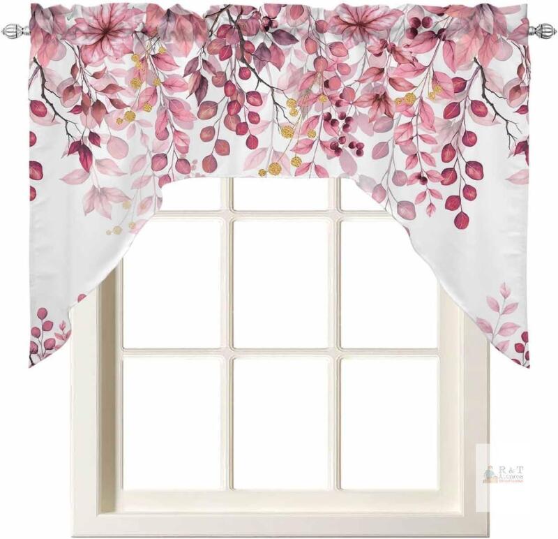New Pink Eucalyptus Leaves Swag Valances for Kitchen Window, Small Kitchen Swag Curtains . Measures 27.5"W&times;36"L