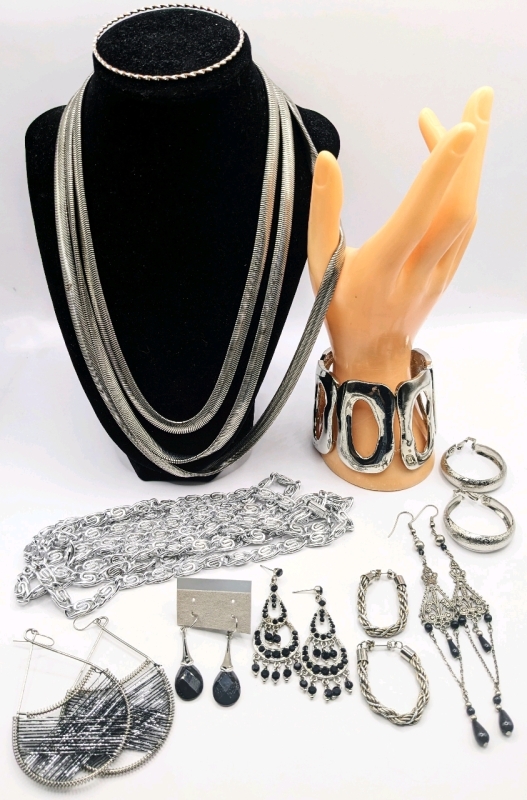 Striking Silver-tone Jewelry: Necklaces, Bracelet, Bangle & Earrings.