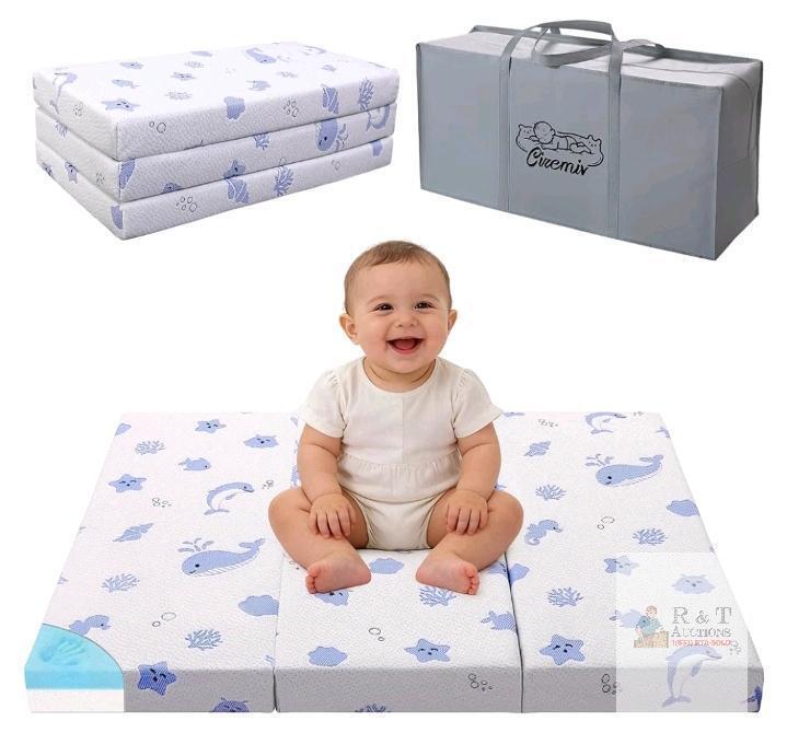 NEW Ciremiv Foldable Baby Play Mat/Nap Mattress with Carrying Bag, 37.8" x 25.98" x 2.36", Blue Sea Animal Design