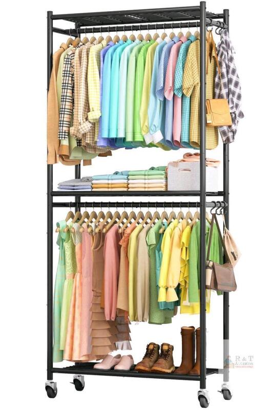 NEW Sakugi Metal Garment Rack, 79.5" x 33.0" x 12.2", Black, 3 Shelves, 2 Hanging Rods, 8 Hooks