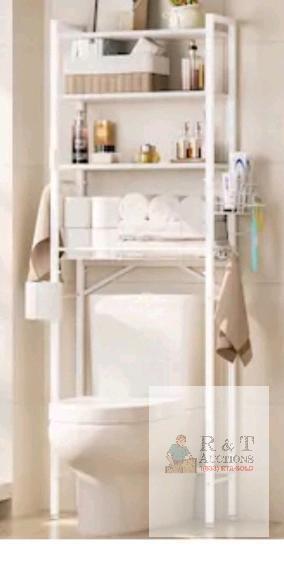 NEW Over-the-Toilet Bathroom Storage Rack, 3-Tier, White Metal Frame with Walnut Shelves