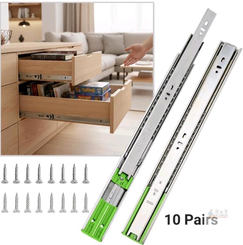 NEW Coralov 3-Fold Ball Bearing Side Mount Drawer Slides, Zinc-Plated, 22", 10 Pairs with Screws