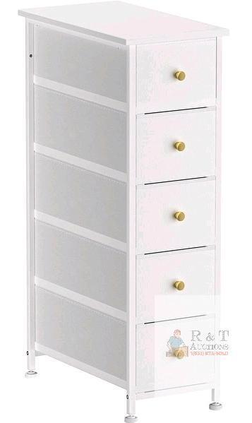NEW White 5-Drawer Dresser, Metal Frame, Gold Knobs, 34.8" Tall, Compact Storage Cabinet- CLOTH ENCLOSURE