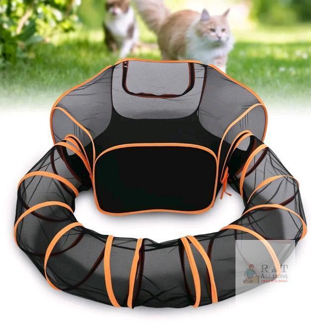 NEW Outdoor Cat Enclosure / Foldable Cat Playpen with Tunnel, Black & Orange, Mesh Panels