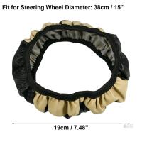 Beige and Black Car Steering Wheel Cover, Fits 15-inch Wheels, Synthetic Leather, Easy Installation