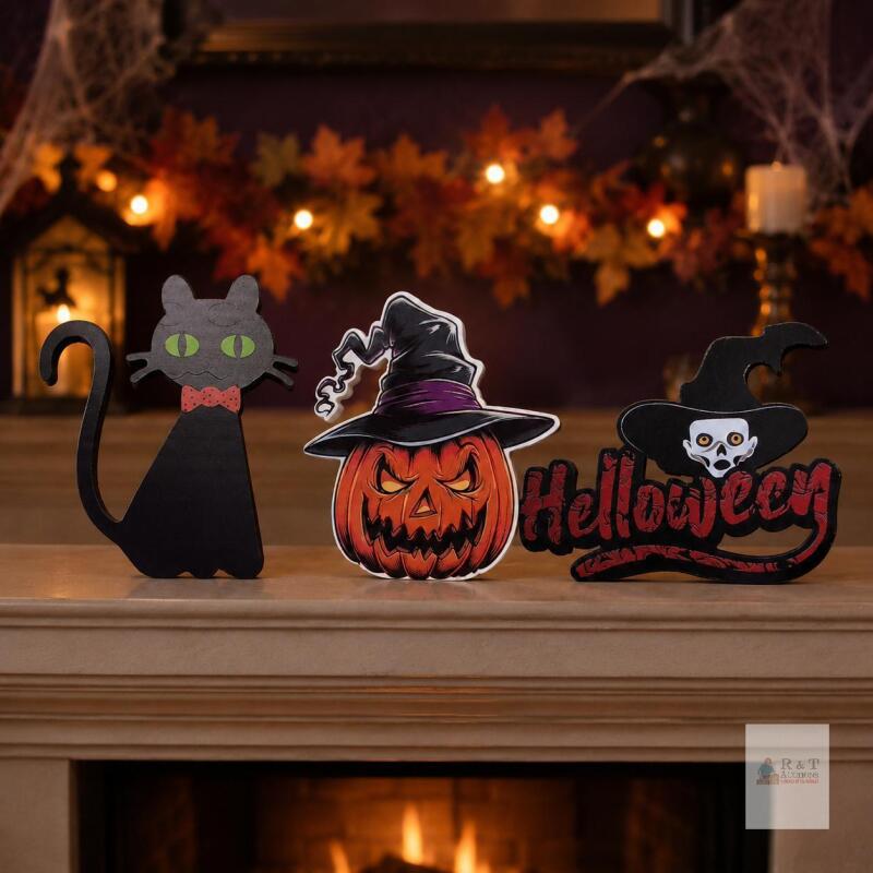 NEW 3-Pc Cute Halloween Mantel/Shelf D&eacute;cor Set &ndash; Pumpkin, Witch & Cat