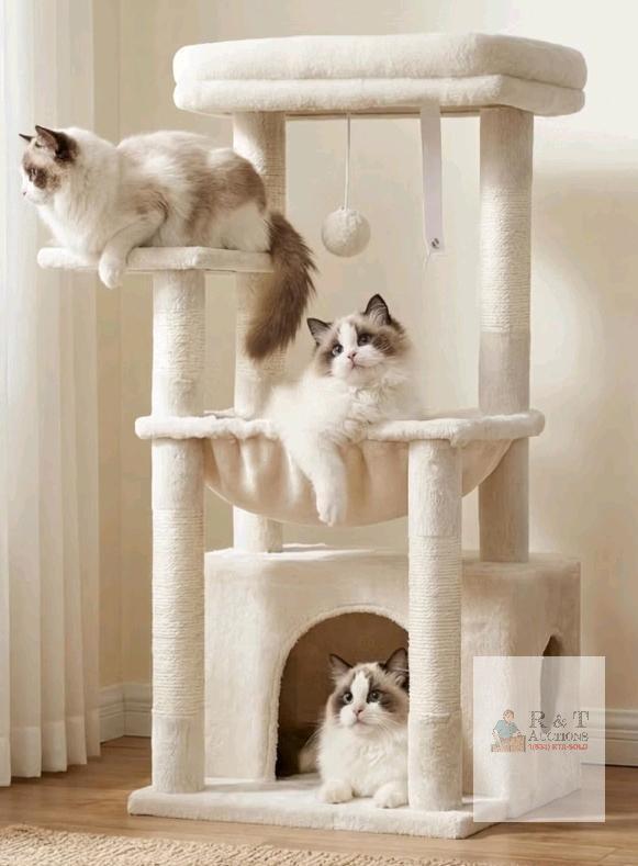 NEW Heybly HCT008SM Cat Tree &ndash; 3-Level Beige Tower with Large Soft Basket and Scratching Posts