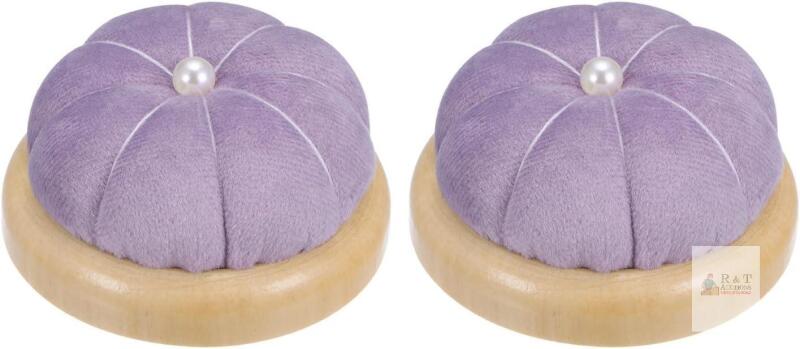 New HARFINGTON 2Pcs Wooden Base Pin Cushion Japanese Style Cute Needle Holder Pincushions Round for Sewing Quilting Needlework DIY Crafts, Light Purple