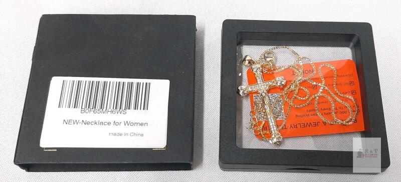 Women's Gold-Tone Cross Pendant Necklace with Clear Stones, Box Chain, Lobster Clasp