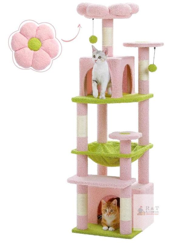 NEW PAWZ Road Flower Cat Tree Tower, 53.5", 2 Condos, Metal Hammock, 6 Sisal Scratching Posts, Pink/Green