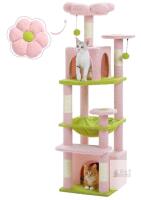 NEW PAWZ Road Flower Cat Tree Tower, 53.5", 2 Condos, Metal Hammock, 6 Sisal Scratching Posts, Pink/Green