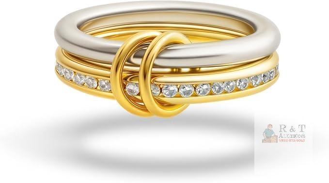 New Size 7 Chunky Stackable Cubic Zirconia Rings Set Non Tarnish, 18K White Gold Plated Rings Set for Women,Silver Multi-Link Connected Rings