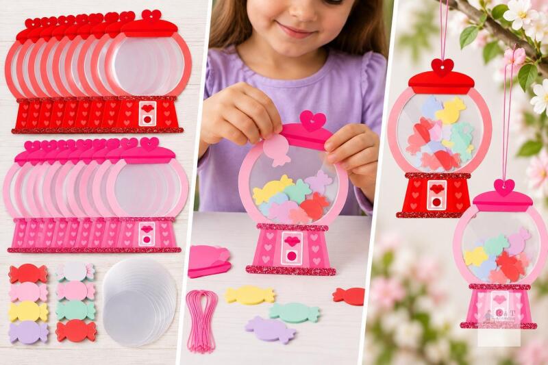 New Gumball Machine Craft Kits, 20Pack DIY Thankful Heart Bubble Gum Machine Crafts Hanging Ornaments with Candy Cards, Sweet Appreciation Decor for School Classroom Art Activities