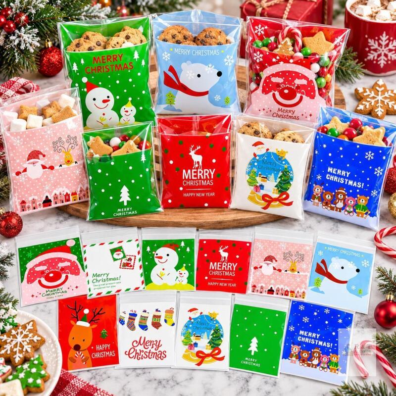 New BOUBONI 240 PCS Christmas Treat bags Self-Adhesive Candy Goodie Bag for Christmas Holiday Party Favor Gift Decoration Supplies (Green,Blue,Red)