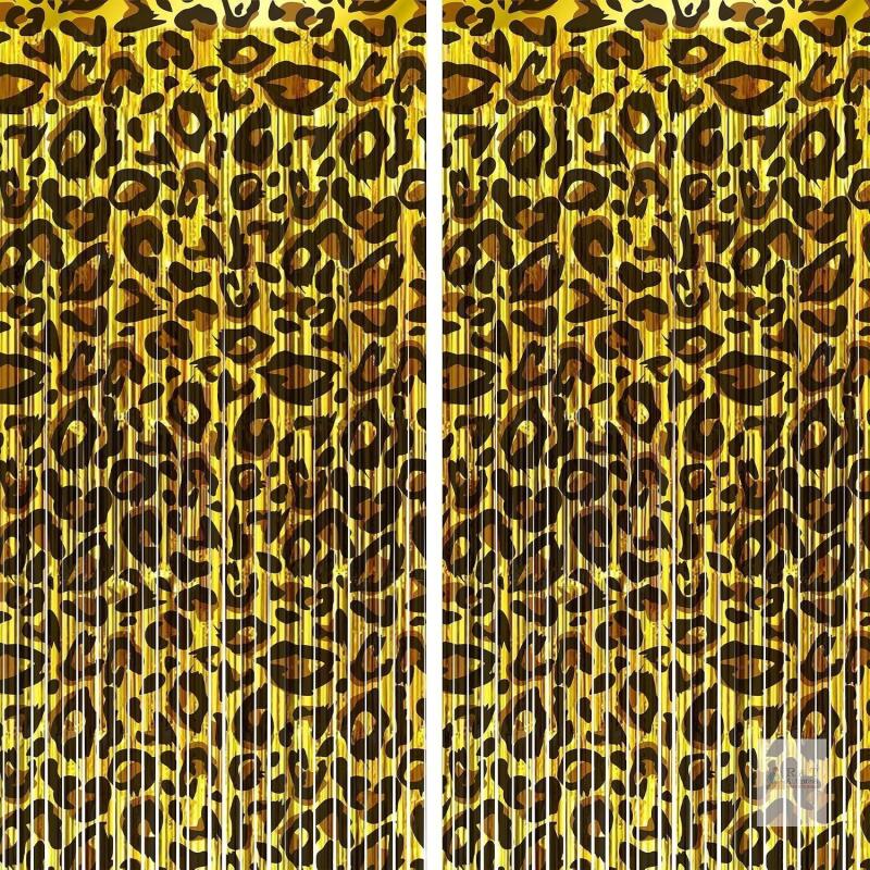New 2 pack of 3.2 x8ft HYOWCHI Leopard Print Foil Fringe Curtains, Metallic Cheetah Leopard Backdrop