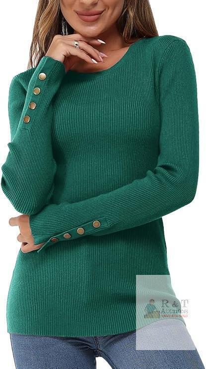 New Size L Newshows Women's 2025 Fall Sweater Long Sleeve Knit Crew Neck Lightweight Button Stretch Pullover