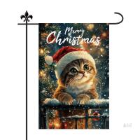 New Cat Christmas Garden Flag, 18x12in Double Sided Merry Christmas Flag With Cute Kitten in Santa Hat - Snow Themed Outdoor Xmas Decoration