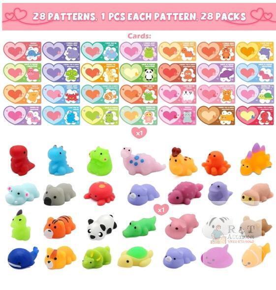 NEW 28-Pc Mochi Squishy Animal Toys with Friendship Cards &ndash; Classroom Prizes & Party Favors