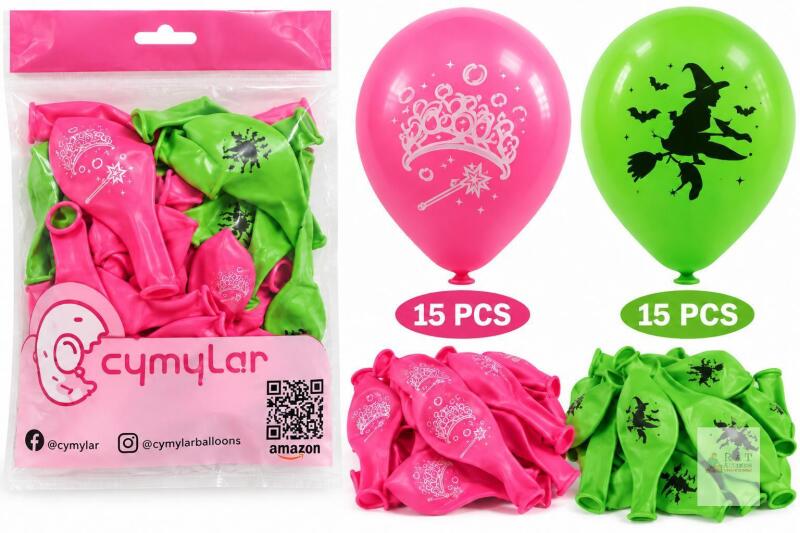 NEW Cymylar 30-Pc Princess & Witch Balloons &ndash; 15 Pink Tiara/Wand + 15 Green Witch Designs