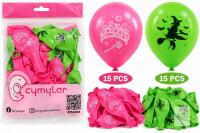 NEW Cymylar 30-Pc Princess & Witch Balloons &ndash; 15 Pink Tiara/Wand + 15 Green Witch Designs
