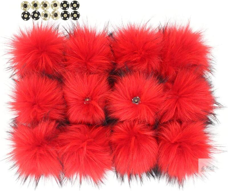 Furling 12pcs Fluffy Faux Raccoon Fur Pompoms with Press Button for Knitted Hats Scarves Accessories 5.5 Inches(Red)