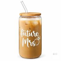 New Future Mrs Glass Coffee Cup 16 Oz with Bamboo Lid and Straw - Bridal Shower Gift - Engagement & Bachelorette Gifts for Bride