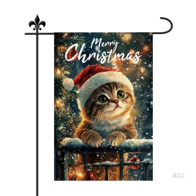 New Cat Christmas Garden Flag, 18x12in Double Sided Merry Christmas Flag With Cute Kitten in Santa Hat - Snow Themed Outdoor Xmas Decoration