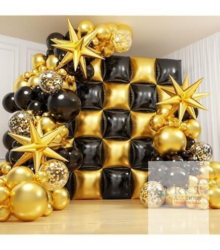 New 66pcs Black Gold Flat Square Foil Balloon Wall Backdrop Metallic Double Sided Balloon