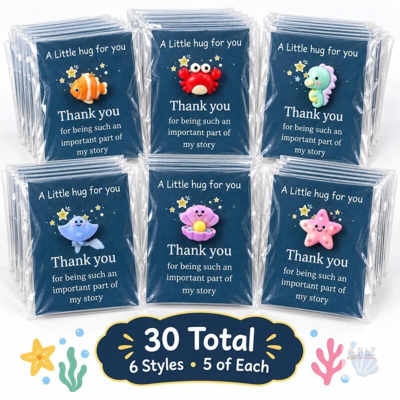 NEW 30-Pc &ldquo;A Little Hug for You&rdquo; Thank You Cards with Mini Sea Creature Charms &ndash; 6 Styles, 5 of Each
