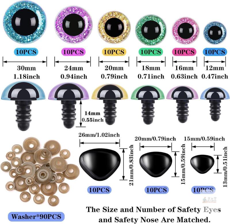 UPINS 180Pcs Safety Eyes and Noses for Amigurumi Large Plastic Craft Crochet Eyes for Stuffed Animals DIY Puppet Bear Toy Doll Making Supplies