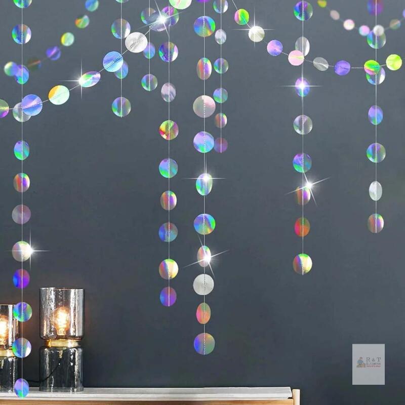 New 52ft total 4Pcs 4m Silver Iridescent Circle Garlands, 2 Inch Paper Circle Dots