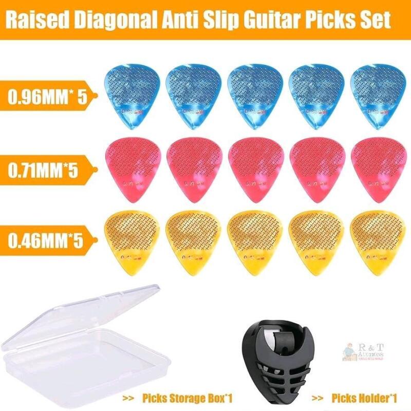 15 New Guitar Picks, 0.46 0.71 0.96 mm Includes Thin Medium Heavy Thickness, Three Colors Non-slip Celluloid Plectrums for Bass Electric Acoustic Guitars Ukulele (15pcs Twill Picks per Case, 2 Cases)