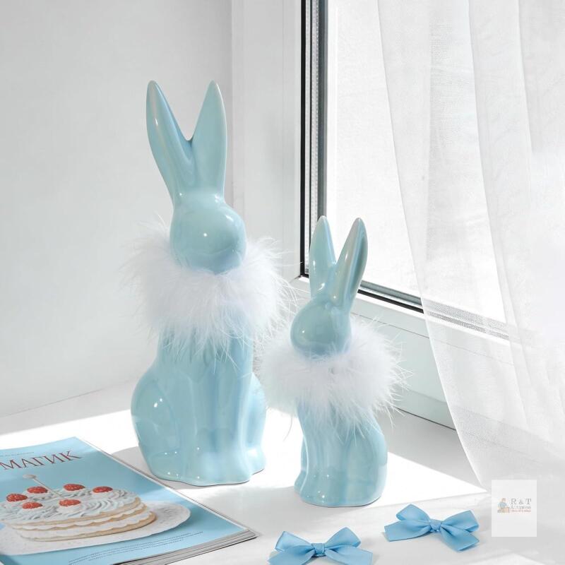 NEW IN BOX DECONATION 2PCS Easter Bunny Figurine Decoration, Blue Ceramic Rabbit Statues with White Fluff on Neck, Porcelain Bunnies