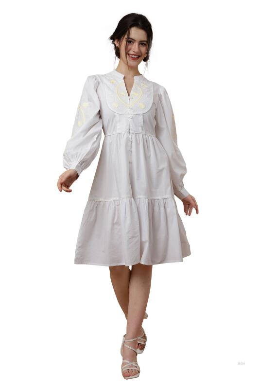 New Size 2XL Lace Inserts And Centre Front Button Opening With Peasant Sleeves Tiered Dress -Off Whit