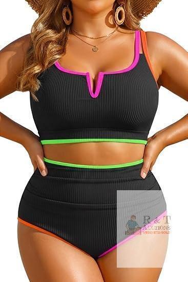 New Size XL Women Plus Size High Waisted Bikini Ribbed Two Piece Tummy Control Swimsuit V-Wired Bathing Suit, Adjustable Straps, Full Coverage, Full Lining