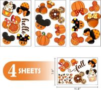 New Mfault Hello Fall Cartoon Mouse Window Clings 4 Sheets, Autumn Pumpkin Doughnut Acorn Cupcake Stickers Decals Decorations, Maple Leaves Seasonal Home Kitchen Decor