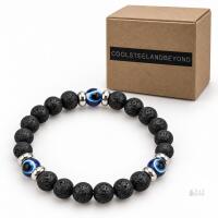 NEW COOLSTEELANDBEYOND Black Lava Stone Evil Eye Stretch Bracelet, Silver-Tone Accents, Boxed
