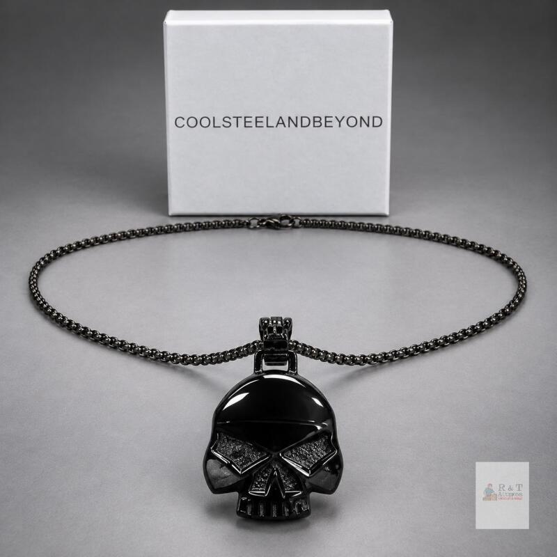 NEW COOLSTEELANDBEYOND Men&rsquo;s Blackened Stainless Steel Skull Helmet Pendant Necklace, Approx. 26", Boxed