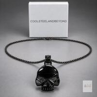 NEW COOLSTEELANDBEYOND Men&rsquo;s Blackened Stainless Steel Skull Helmet Pendant Necklace, Approx. 26", Boxed