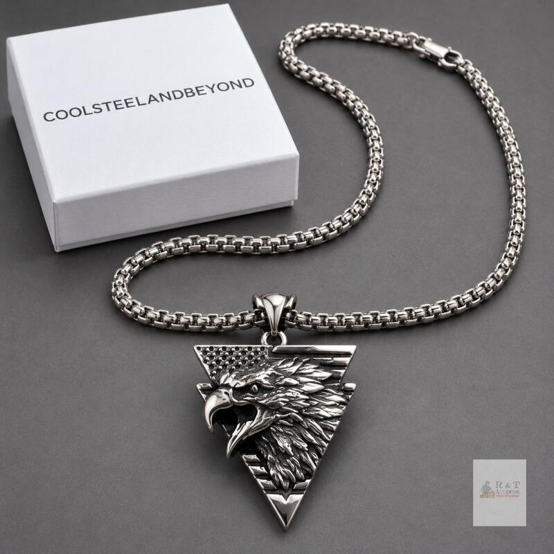 NEW COOLSTEELANDBEYOND Men&rsquo;s Stainless Steel Bald Eagle Pendant Necklace, 30" Wheat Chain, Boxed