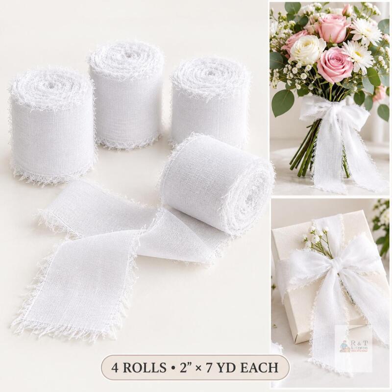 New Kettion Handmade Fringe Chiffon Fabric Silk-Like Ribbon, Color Swatches 2" x 7Yd Set of 4 Rolls Ribbons WHITE