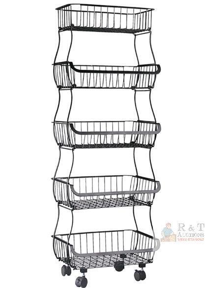 NEW 5-Tier Black Metal Rolling Kitchen Storage Cart, 16"x12"x65", Wire Basket Organizer on Wheels