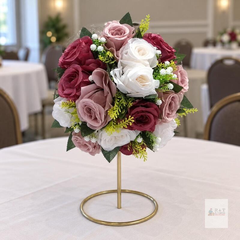 NEW Artificial Rose Flower-Ball Centrepiece Topper with Base, Burgundy/Dusty Pink/Ivory, Approx. 10&ndash;12" &ndash; Stand Not Included