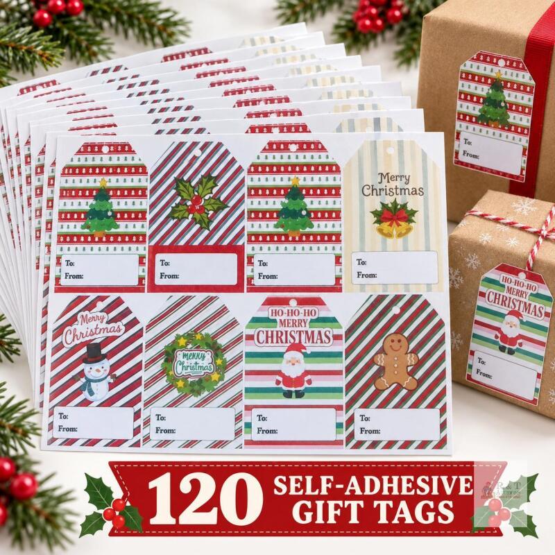 NEW 120-Piece Self-Adhesive Christmas Gift Tag Stickers, 7 Assorted Designs, 15 Sheets