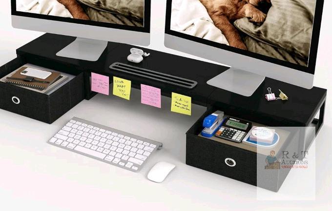 NEW Large Dual Monitor Stand with Drawers, Black MDF, 39-Inch Wide, Device Slot, Fits Two 32" Monitors