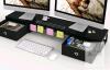 NEW Large Dual Monitor Stand with Drawers, Black MDF, 39-Inch Wide, Device Slot, Fits Two 32" Monitors