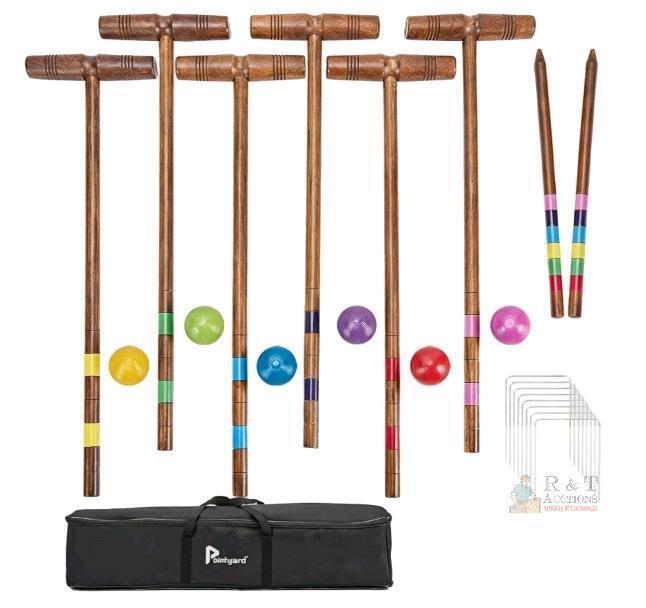 NEW Regulation Size 6-Player Pointyard Croquet Set, 32" Hardwood Mallets, 3" Balls, Carry Bag