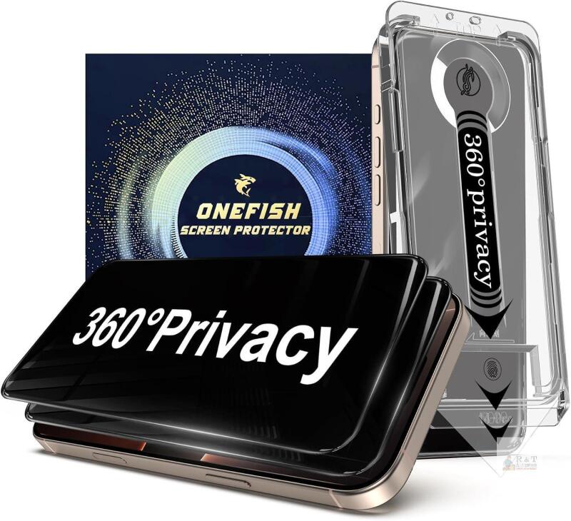 New OneFish 2 Pack Privacy Screen Protector for iPhone 14 Pro - 4-Way 360&deg; Anti-Spy Tempered Glass, 9H Hardness, 3D Curved Edges, Case-Friendly & Easy Installation